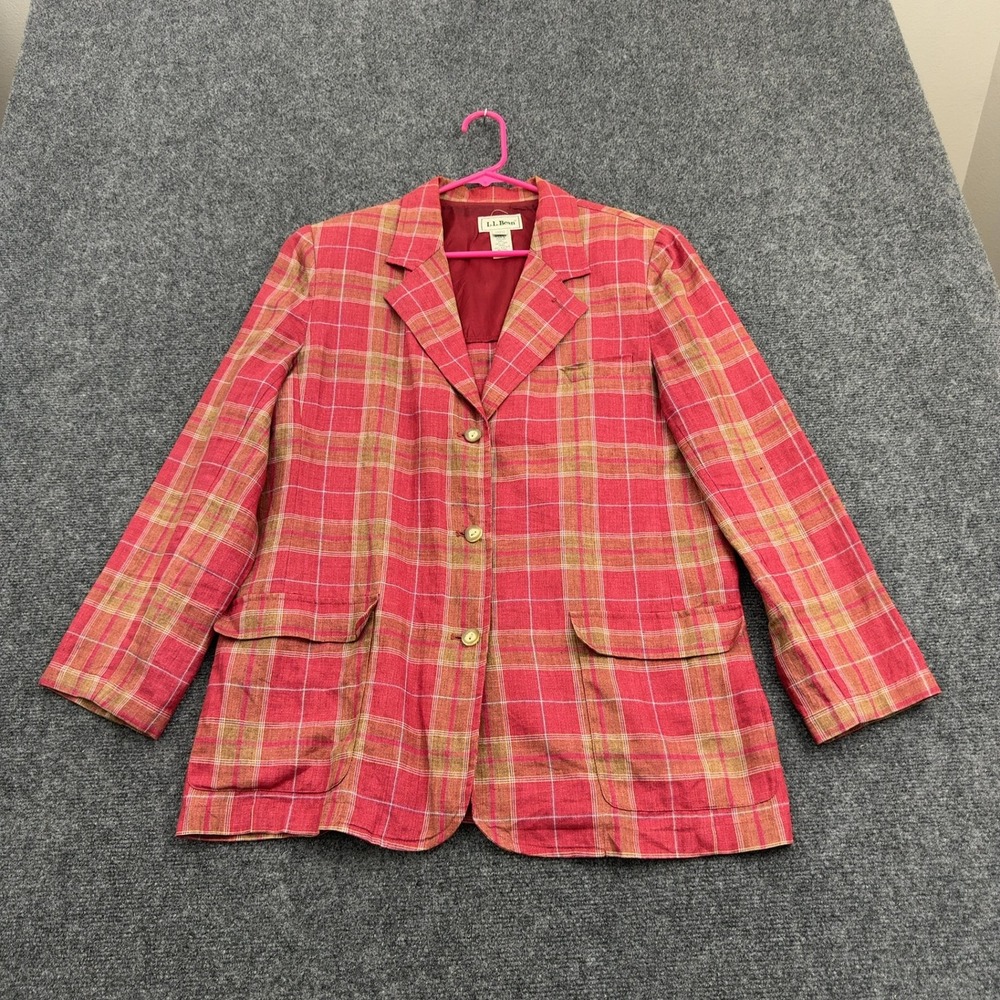 L.L. Bean Blazer Womens 8 Red Linen Plaid Single Vent 3 Button Preppy Classic